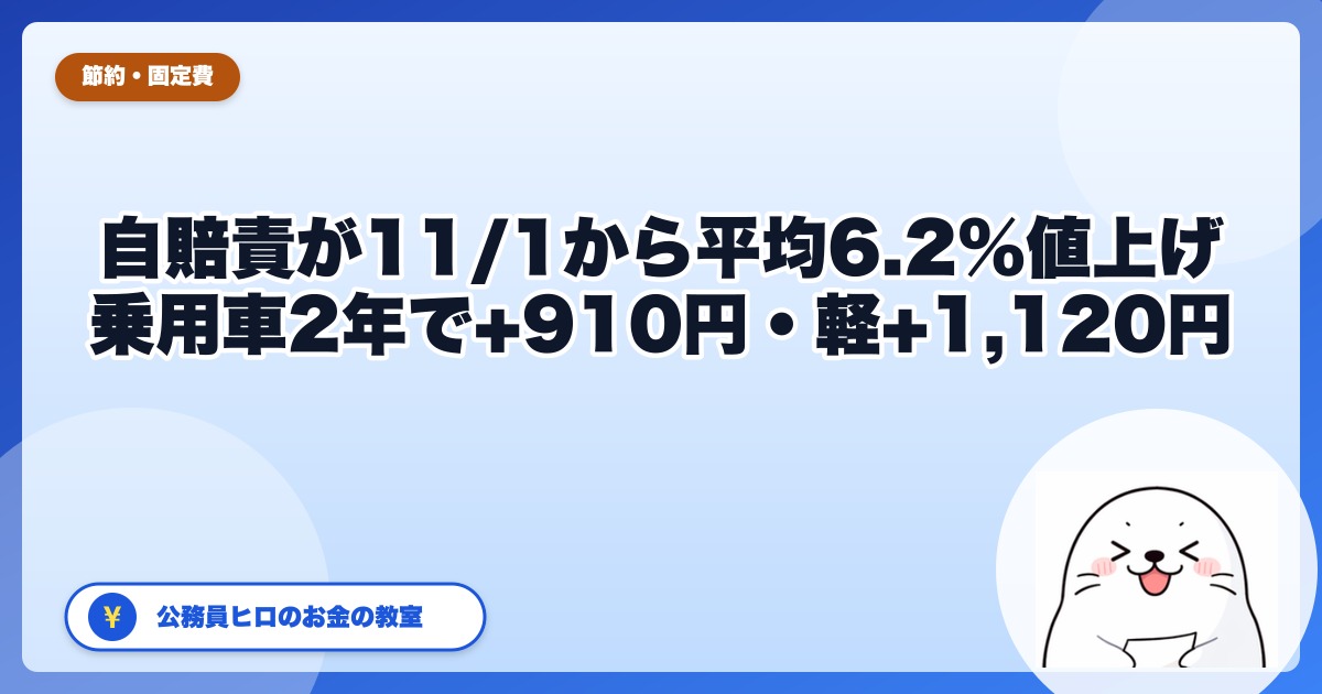 自賠責保険料が2026年11月1日から平均6.2%値上げ|乗用車は2年で910円、軽は1,120円上がる。車検が11月以降の人の確認ポイント