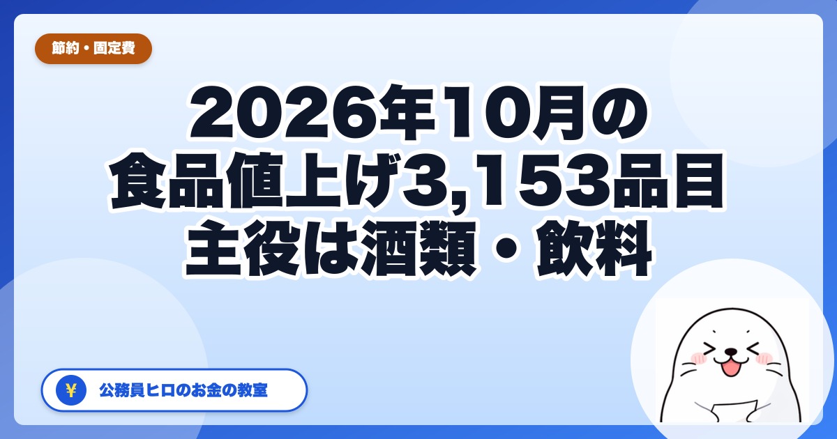 10月の食品値上げ3,153品目は何が上がる?主役は「酒類・飲料」1,399品目、ビールだけは下がる【2026年】